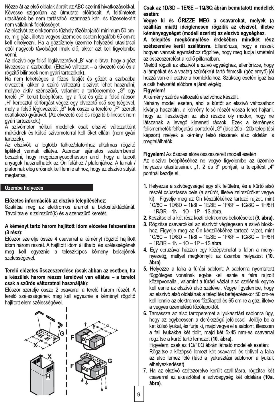 Az elszívót az elektromos tűzhely főzőlapjaitól minimum 50 cmre, míg gáz-, illetve vegyes üzemelés esetén legalább 65 cm-re kell elhelyezni.