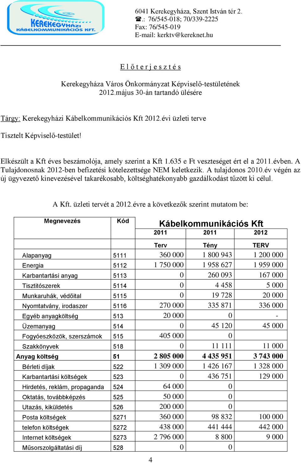 635 e Ft veszteséget ért el a 2011.évben. A Tulajdonosnak 2012-ben befizetési kötelezettsége NEM keletkezik. A tulajdonos 2010.