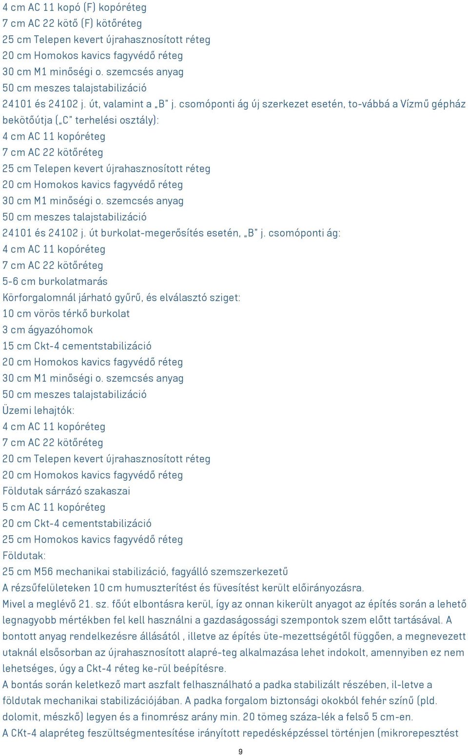 csomóponti ág új szerkezet esetén, to-vábbá a Vízmű gépház bekötőútja ( C terhelési osztály): 4 cm AC 11 kopóréteg 7 cm AC 22 kötőréteg 25 cm Telepen kevert újrahasznosított réteg 20 cm Homokos