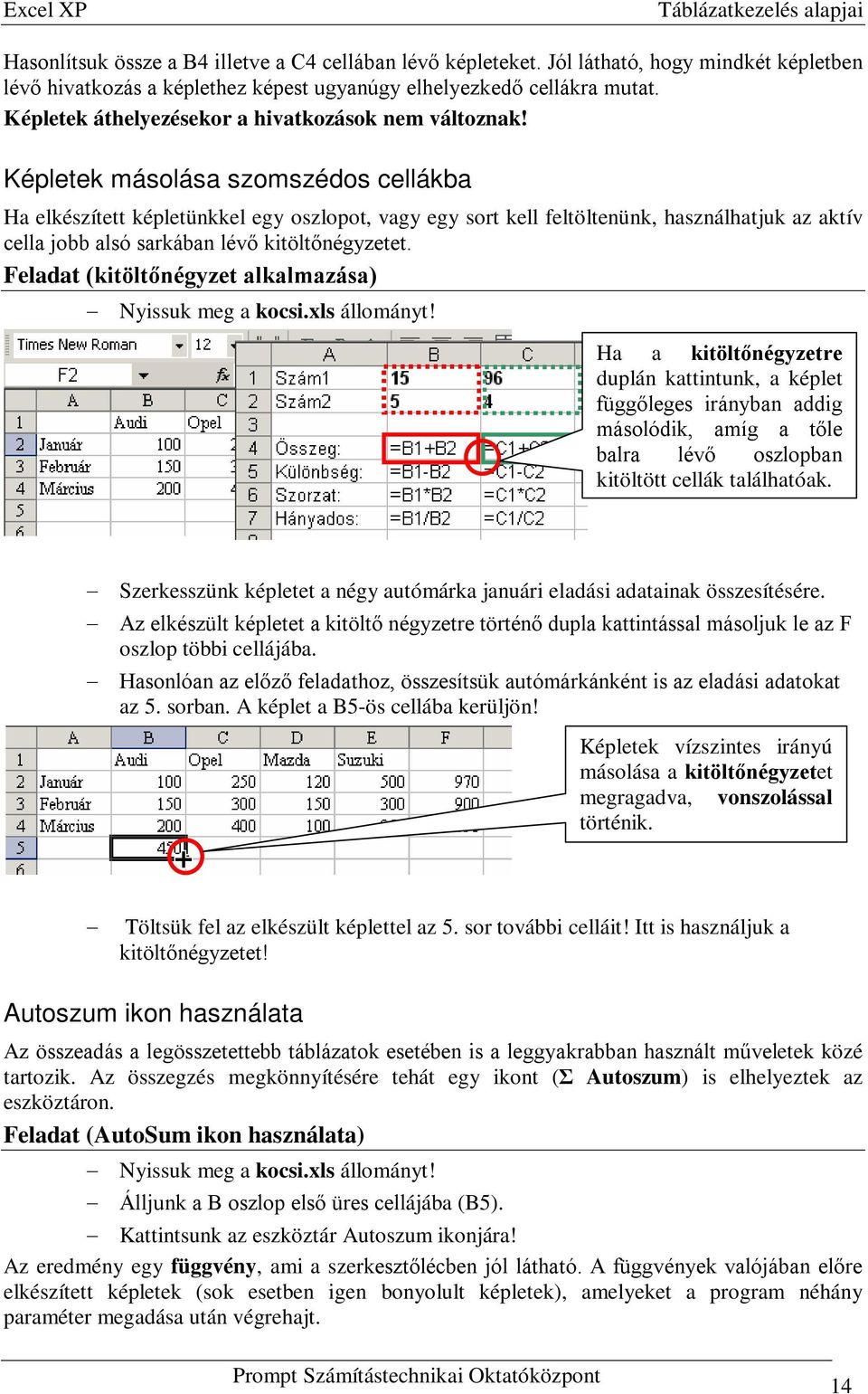 Képletek másolása szomszédos cellákba Ha elkészített képletünkkel egy oszlopot, vagy egy sort kell feltöltenünk, használhatjuk az aktív cella jobb alsó sarkában lévő kitöltőnégyzetet.