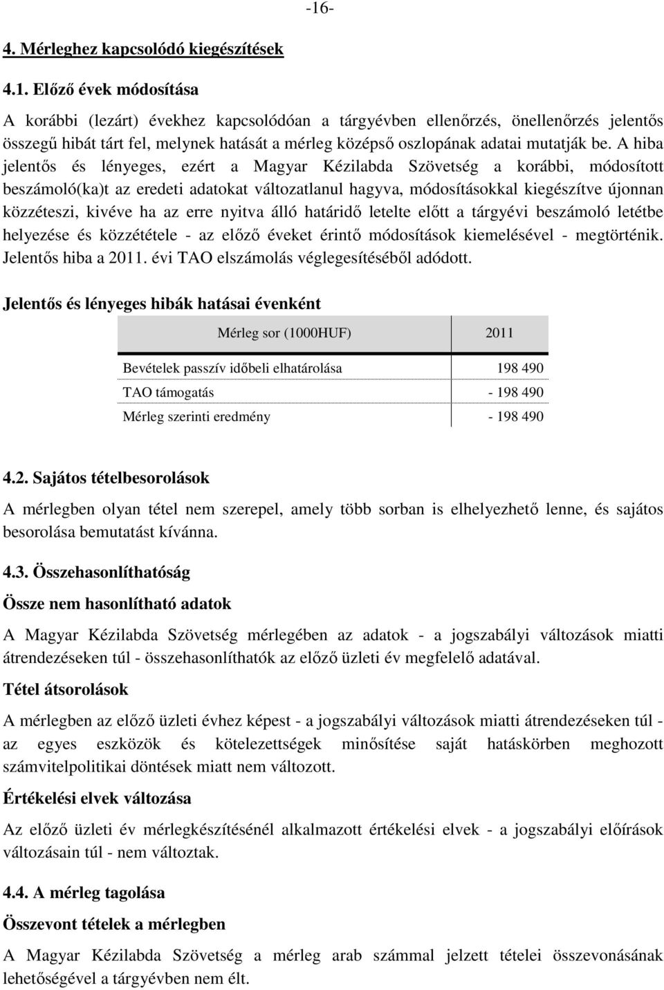 az erre nyitva álló határidő letelte előtt a tárgyévi beszámoló letétbe helyezése és közzététele - az előző éveket érintő módosítások kiemelésével - megtörténik. Jelentős hiba a 2011.