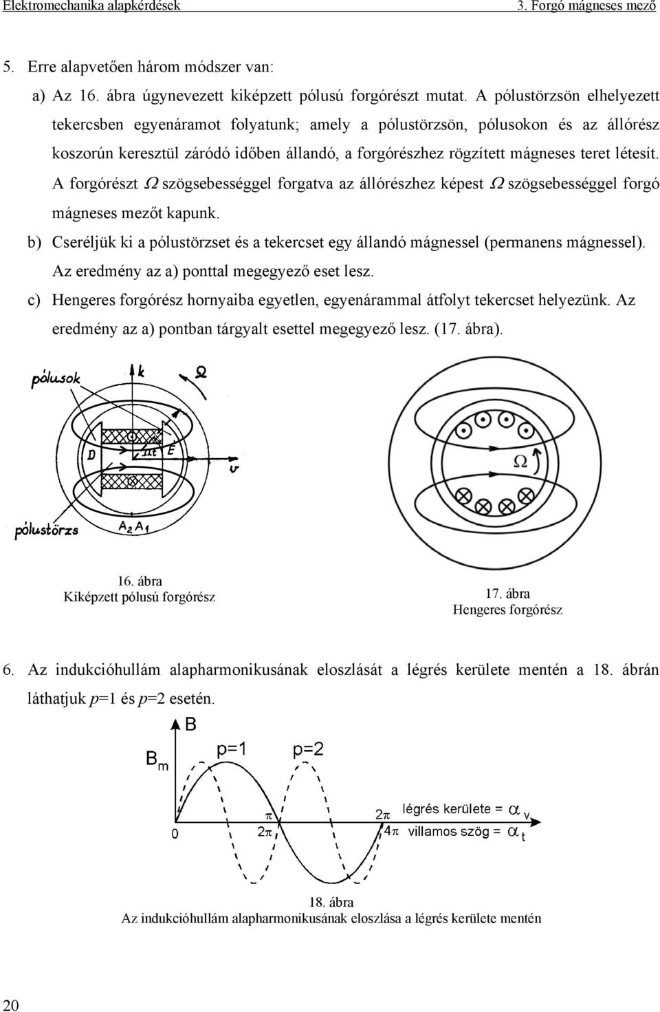 A forgórészt Ω szögsebességgel forgatva az állórészhez képest Ω szögsebességgel forgó mágneses mezőt kapunk. b) Cseréljük ki a pólustörzset és a tekercset egy állandó mágnessel (permanens mágnessel).