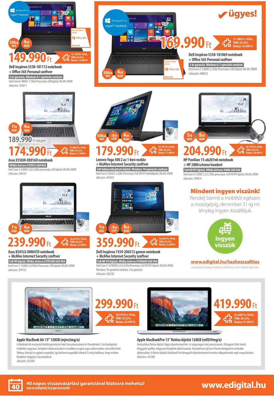 999 Ft Dell Inspiron 5558-181069 notebook + Office 365 Personal szoftver 3 év garancia, Windows 8.