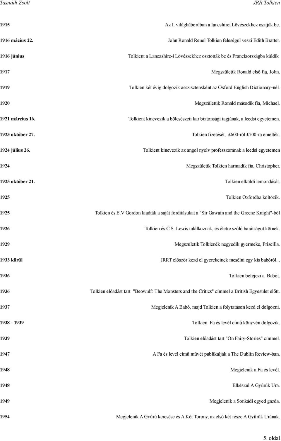 1919 Tolkien két évig dolgozik asszisztensként az Oxford English Dictionary-nél. 1920 Megszületük Ronald második fia, Michael. 1921 március 16.