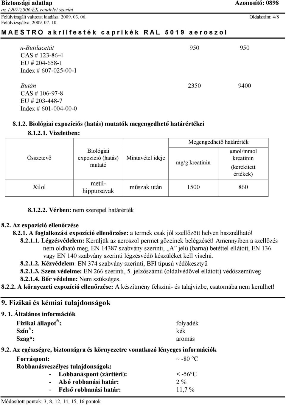 1.2.1. Vizeletben: Összetevő Xilol Biológiai expozíció (hatás) mutató metilhippursavak Mintavétel ideje Megengedhető határérték mg/g kreatinin µmol/mmol kreatinin (kerekített értékek) műszak után