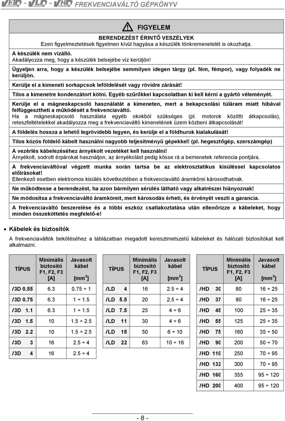 Kerülje el a kimeneti sorkapcsok leföldelését vagy rövidre zárását! Tilos a kimenetre kondenzátort kötni. Egyéb szűrőkkel kapcsolatban ki kell kérni a gyártó véleményét.