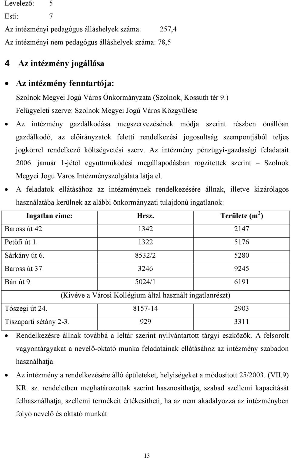 ) Felügyeleti szerve: Szolnok Megyei Jogú Város Közgyűlése Az intézmény gazdálkodása megszervezésének módja szerint részben önállóan gazdálkodó, az előirányzatok feletti rendelkezési jogosultság