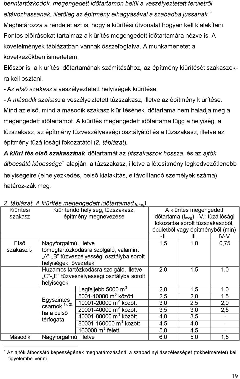 A követelmények táblázatban vannak összefoglalva. A munkamenetet a következõkben ismertetem. Elõször is, a kiürítés idõtartamának számításához, az építmény kiürítését szakaszokra kell osztani.