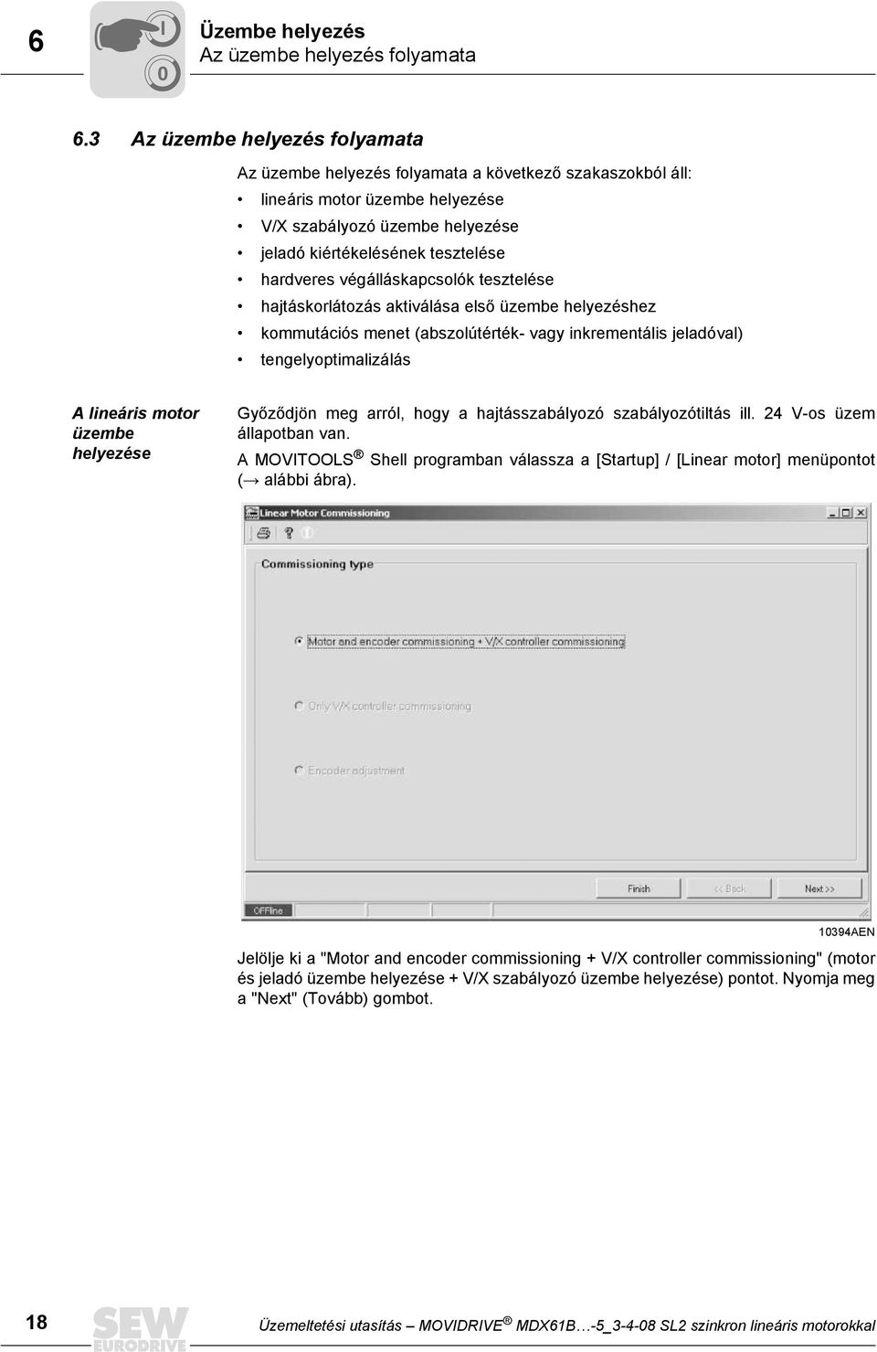 végálláskapcsolók tesztelése hajtáskorlátozás aktiválása első üzembe helyezéshez kommutációs menet (abszolútérték- vagy inkrementális jeladóval) tengelyoptimalizálás A lineáris motor üzembe helyezése