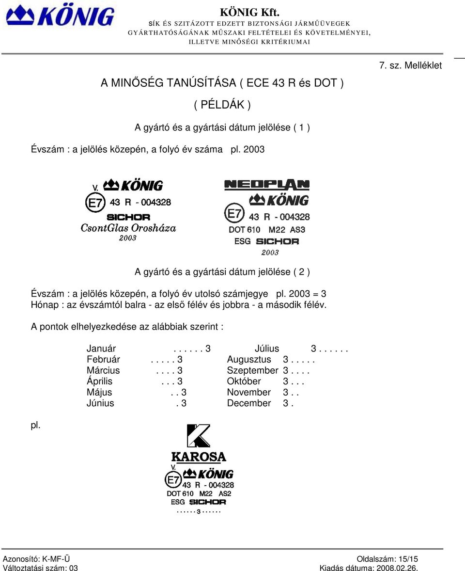 2003 A gyártó és a gyártási dátum jelölése ( 2 ) Évszám : a jelölés közepén, a folyó év utolsó számjegye pl.