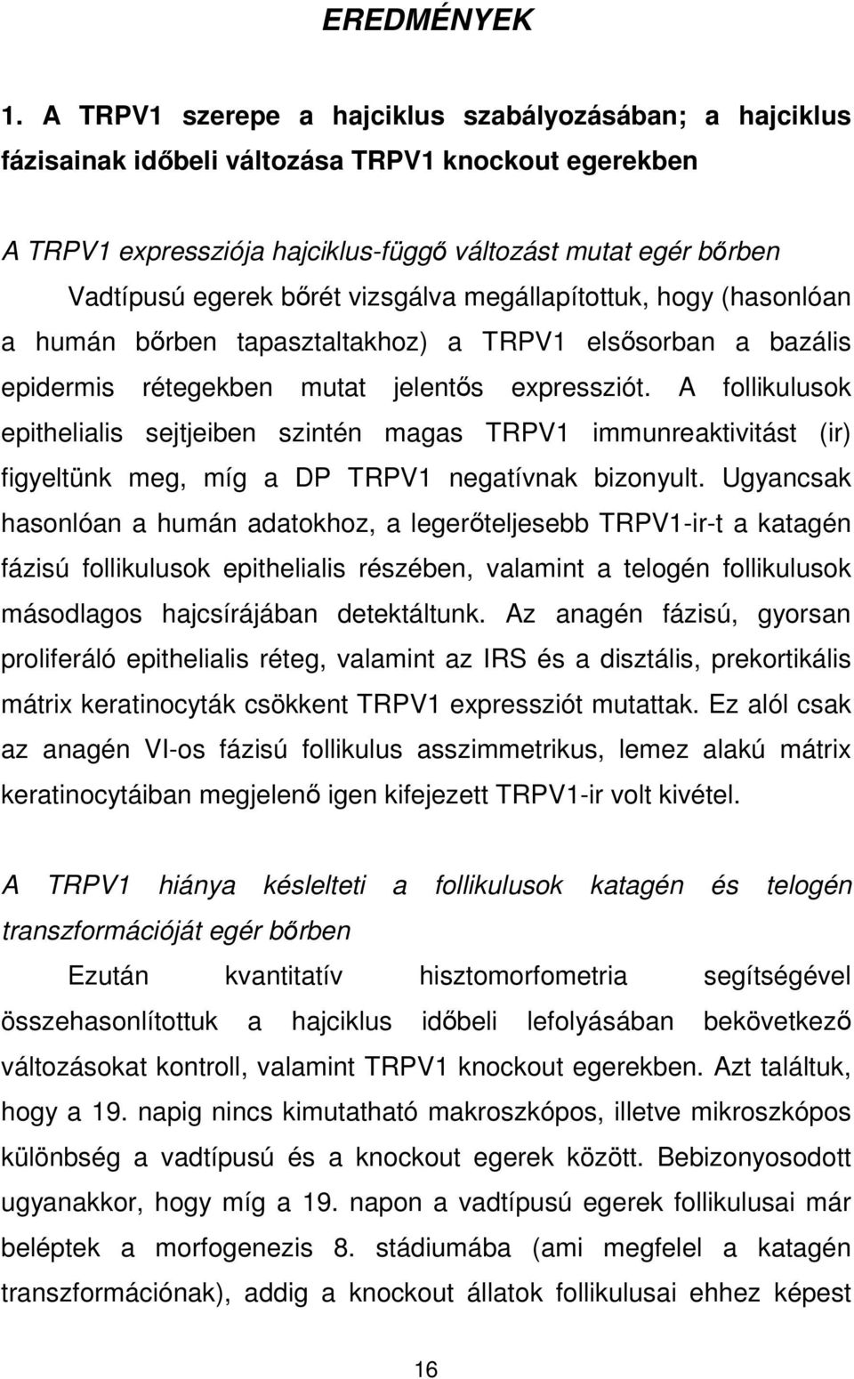 vizsgálva megállapítottuk, hogy (hasonlóan a humán bırben tapasztaltakhoz) a TRPV1 elsısorban a bazális epidermis rétegekben mutat jelentıs expressziót.