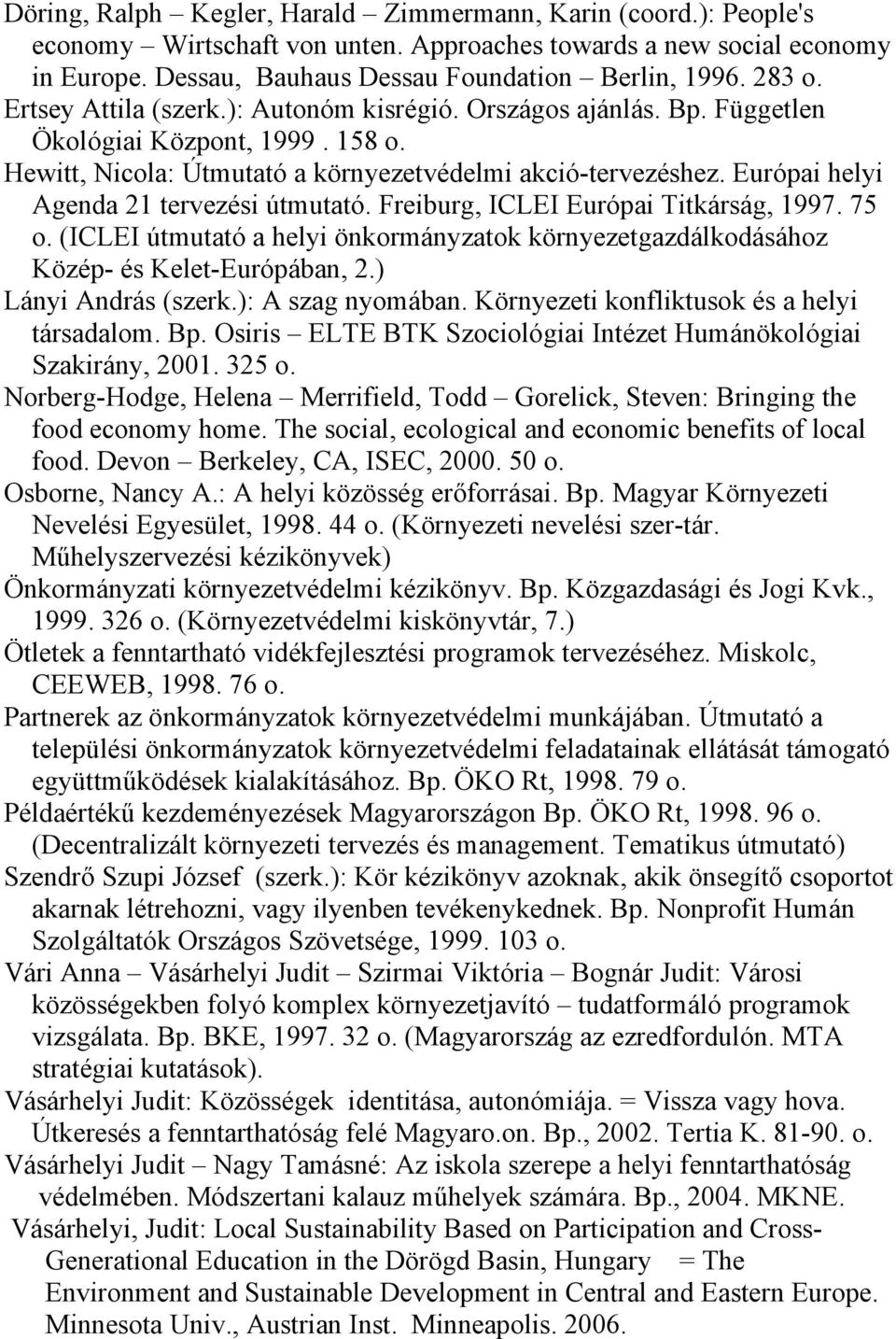Európai helyi Agenda 21 tervezési útmutató. Freiburg, ICLEI Európai Titkárság, 1997. 75 o. (ICLEI útmutató a helyi önkormányzatok környezetgazdálkodásához Közép- és Kelet-Európában, 2.