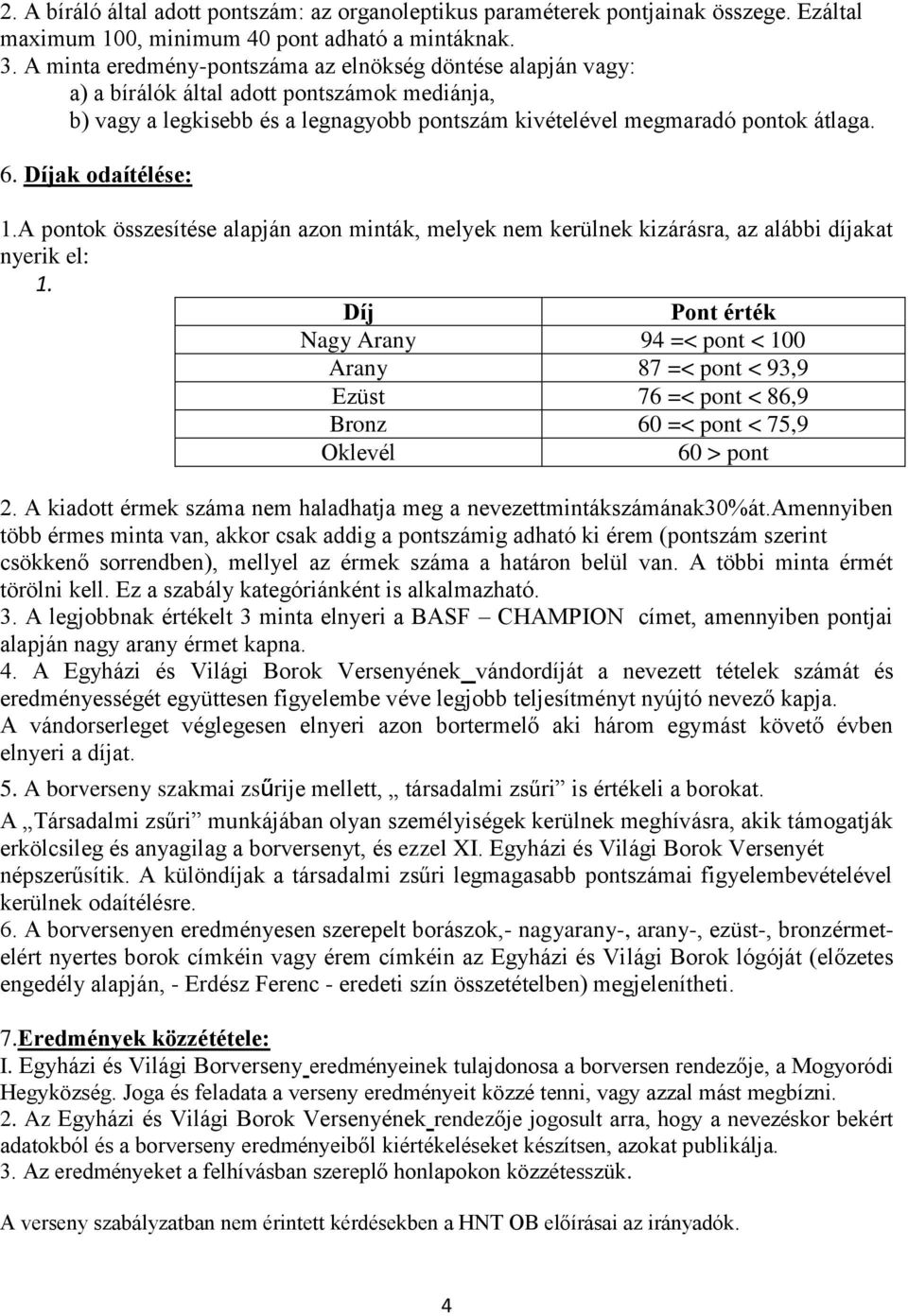 Díjak odaítélése: 1.A pontok összesítése alapján azon minták, melyek nem kerülnek kizárásra, az alábbi díjakat nyerik el: 1.