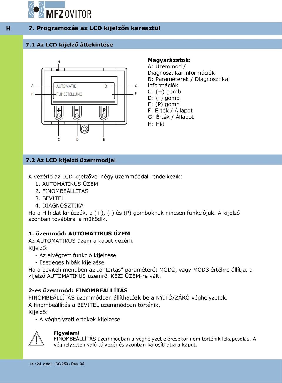 H: Híd 7.2 Az LCD kijelző üzemmódjai A vezérlő az LCD kijelzővel négy üzemmóddal rendelkezik: 1. AUTOMATIKUS ÜZEM 2. FINOMBEÁLLÍTÁS 3. 4.