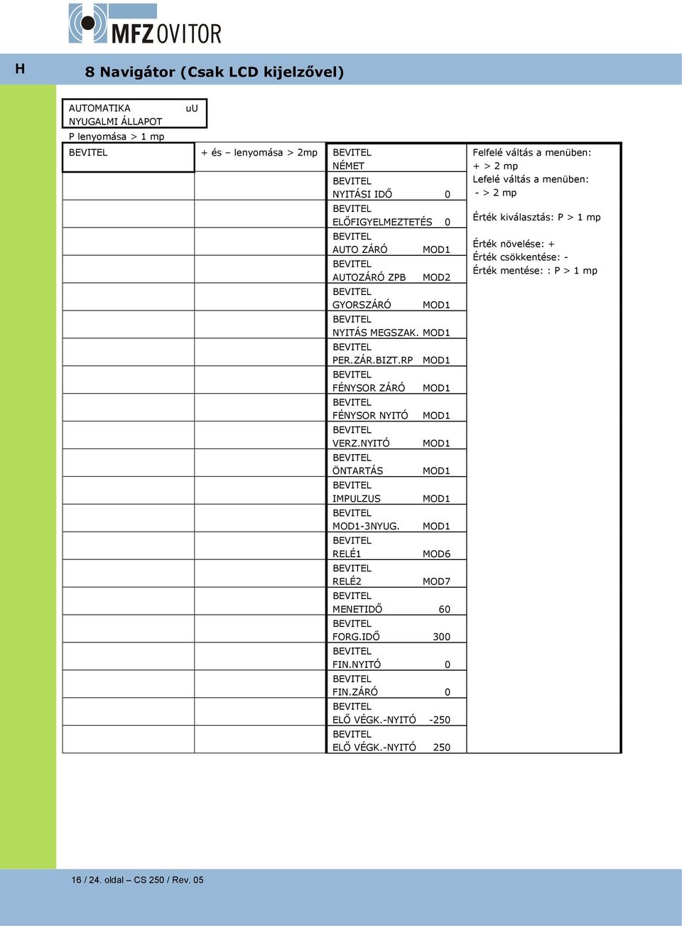 NYITÓ MOD1 ÖNTARTÁS MOD1 IMPULZUS MOD1 MOD1-3NYUG. MOD1 RELÉ1 MOD6 RELÉ2 MOD7 MENETIDŐ 60 FORG.IDŐ 300 FIN.NYITÓ 0 FIN.ZÁRÓ 0 ELŐ VÉGK.-NYITÓ -250 ELŐ VÉGK.