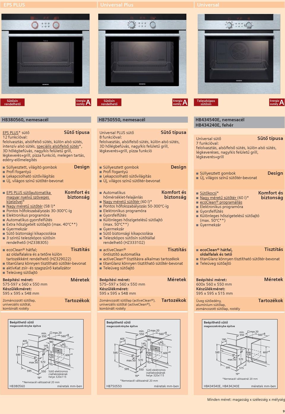 n Profi fogantyú n Lekapcsolható sütővilágítás n Új, világos színű sütőtér-bevonat n EPS PLUS sütőautomatika magyar nyelvű szöveges kijelzővel* n Nagy méretű sütőtér (58 l)* n Pontos hőfokszabályozás