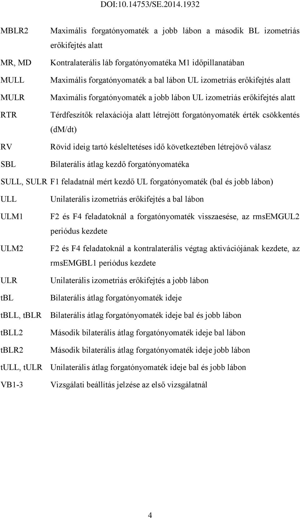 Rövid ideig tartó késleltetéses idő következtében létrejövő válasz Bilaterális átlag kezdő forgatónyomatéka SULL, SULR F1 feladatnál mért kezdő UL forgatónyomaték (bal és jobb lábon) ULL ULM1 ULM2