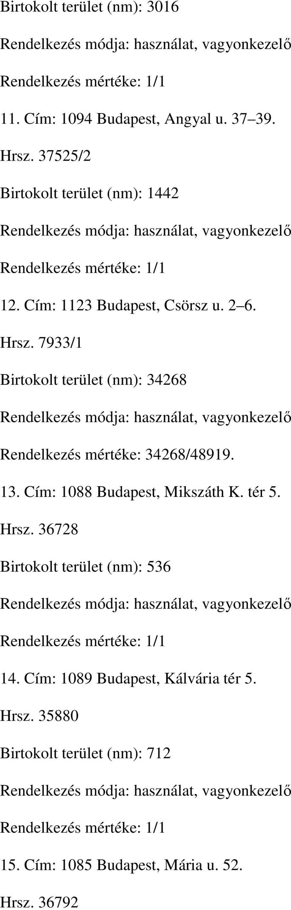 7933/1 Birtokolt terület (nm): 34268 Rendelkezés mértéke: 34268/48919. 13. Cím: 1088 Budapest, Mikszáth K.