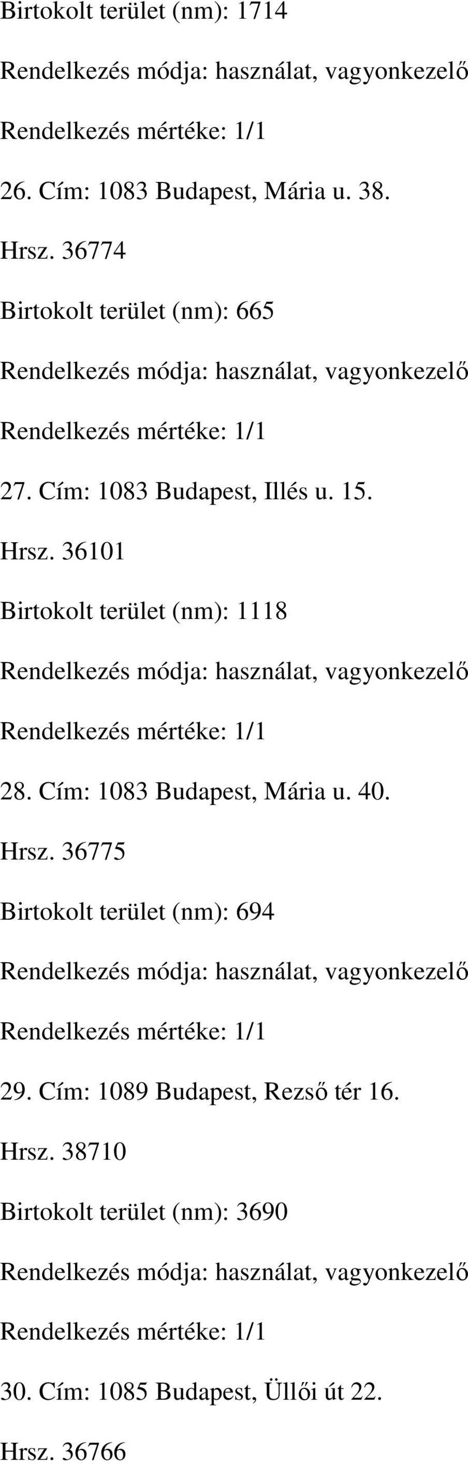 36101 Birtokolt terület (nm): 1118 28. Cím: 1083 Budapest, Mária u. 40. Hrsz.