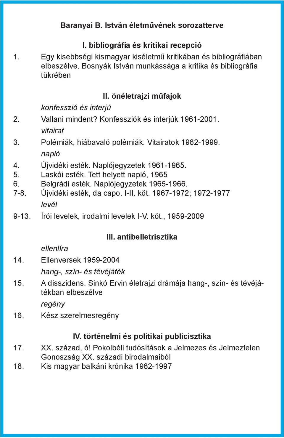 Polémiák, hiábavaló polémiák. Vitairatok 1962-1999. napló 4. Újvidéki esték. Naplójegyzetek 1961-1965. 5. Laskói esték. Tett helyett napló, 1965 6. Belgrádi esték. Naplójegyzetek 1965-1966. 7-8.