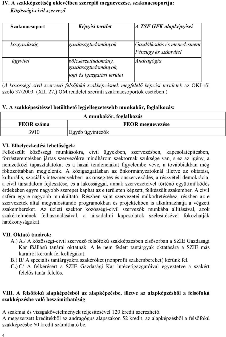 az OKJ-ről szóló 37/2003. (XII. 27.) OM rendelet szerinti szakmacsoportok esetében.) V.