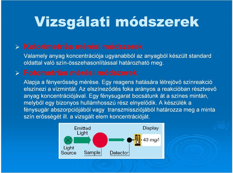 Egy reagens hatására létrejövő színreakció elszínezi a vízmintát. Az elszíneződés foka arányos a reakcióban résztvevő anyag koncentrációjával.