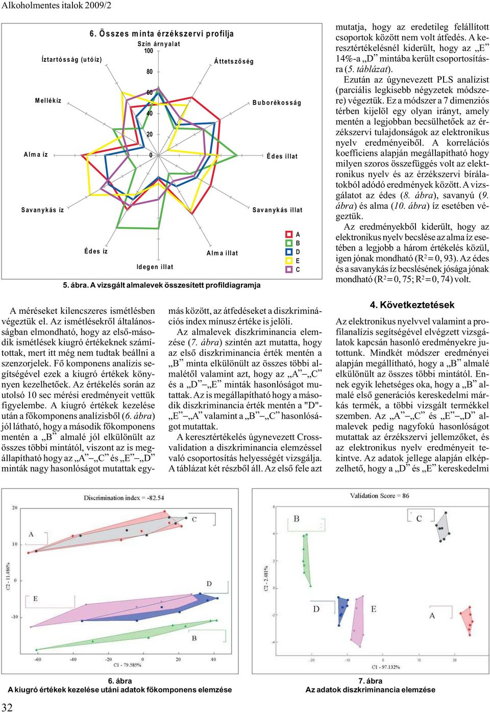 A keresztértékelésnél kiderült, hogy az E 14%-a D mintába került csoportosításra (5. táblázat). Ezután az úgynevezett PLS analízist (parciális legkisebb négyzetek módszere) végeztük.