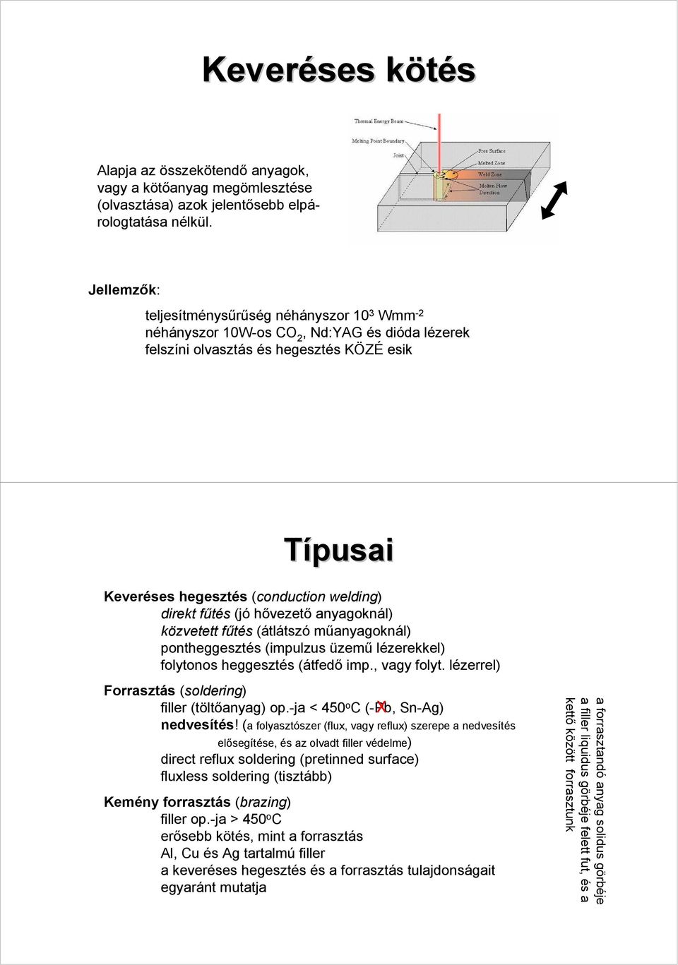 fűtés (jó hővezető anyagoknál) közvetett fűtés (átlátszó műanyagoknál) pontheggesztés (impulzus üzemű lézerekkel) folytonos heggesztés (átfedő imp., vagy folyt.