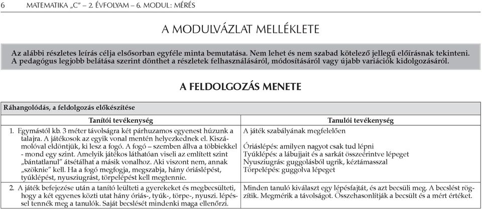 A feldolgozás menete Ráhangolódás, a feldolgozás előkészítése Tanítói tevékenység 1. Egymástól kb. 3 méter távolságra két párhuzamos egyenest húzunk a talajra.