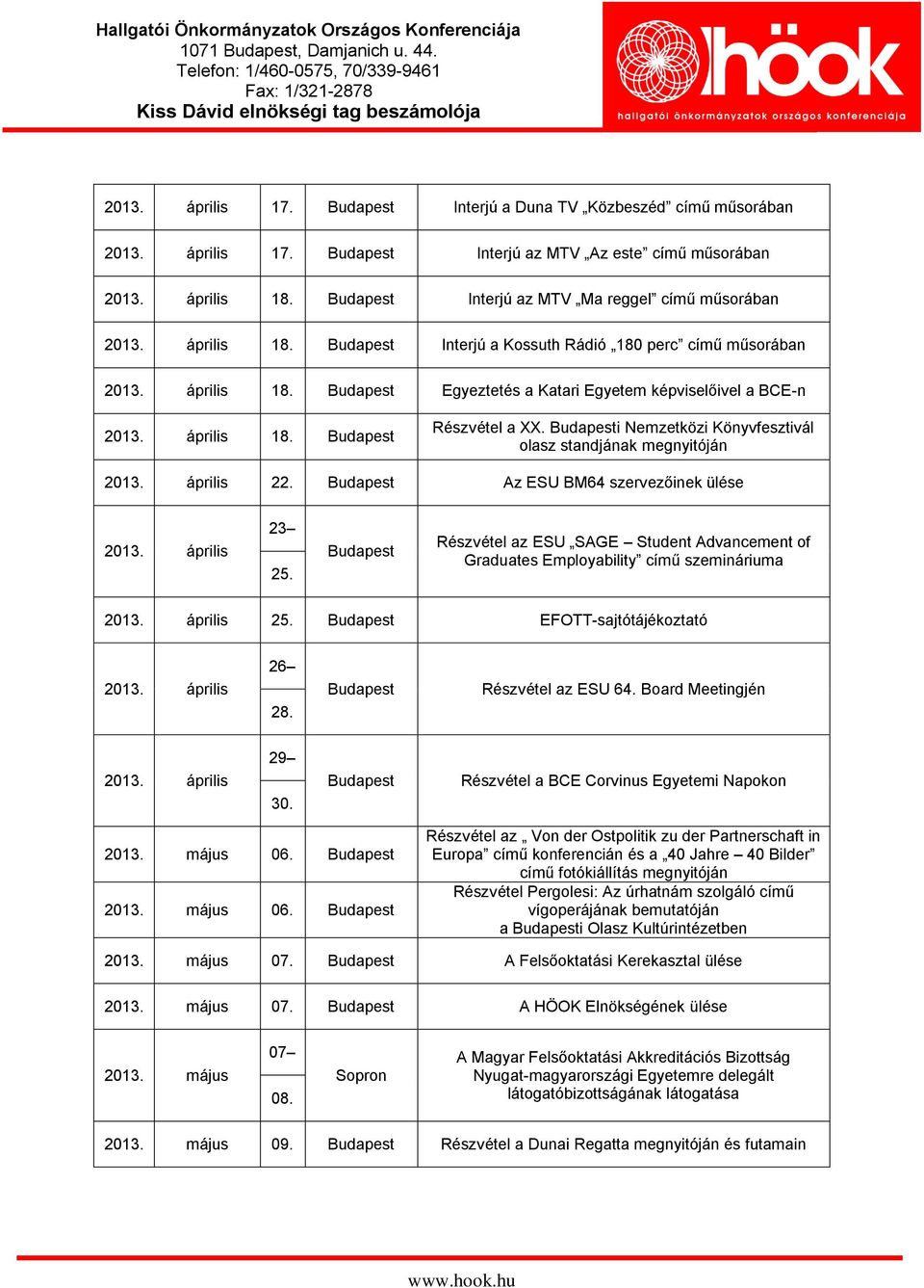 április 18. Budapest Részvétel a XX. Budapesti Nemzetközi Könyvfesztivál olasz standjának megnyitóján 2013. április 22. Budapest Az ESU BM64 szervezőinek ülése 2013. április 23 25.