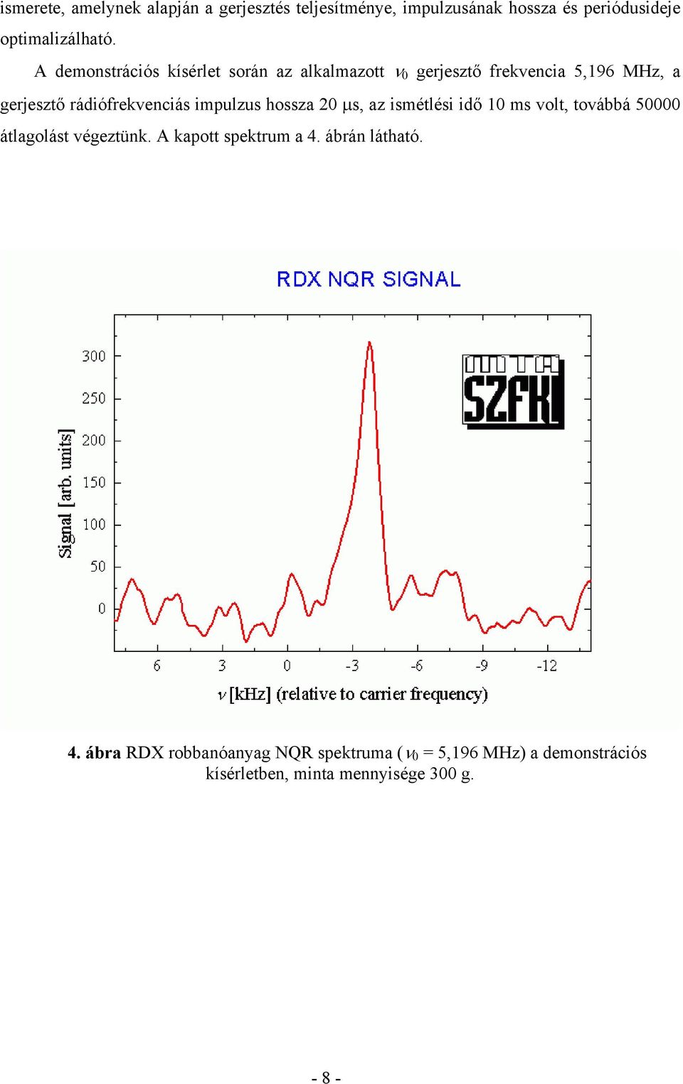 impulzus hossza 20 µs, az ismétlési idő 10 ms volt, továbbá 50000 átlagolást végeztünk. A kapott spektrum a 4.