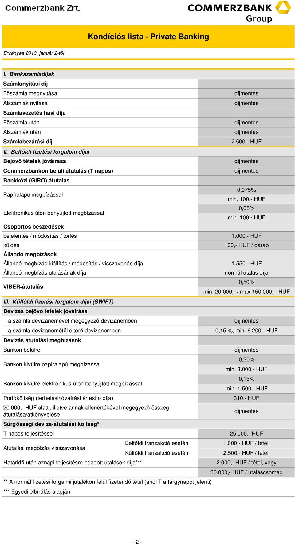 beszedések bejelentés / módosítás / törlés küldés Állandó megbízások Állandó megbízás kiállítás / módosítás / visszavonás díja Állandó megbízás utalásának díja VIBER-átutalás III.