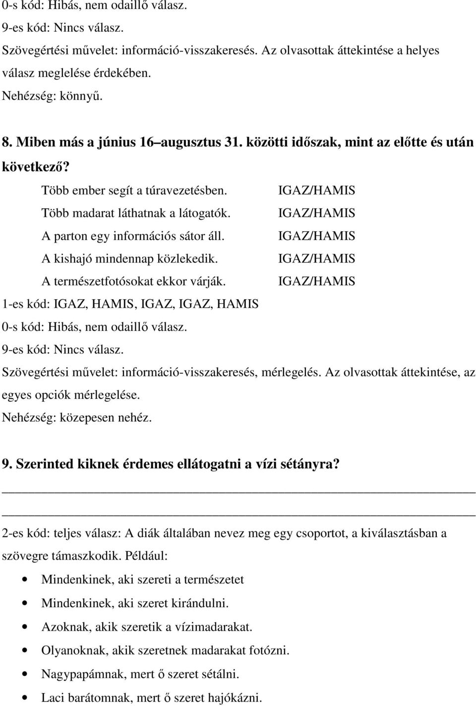 IGAZ/HAMIS 1-es kód: IGAZ, HAMIS, IGAZ, IGAZ, HAMIS Szövegértési művelet: információ-visszakeresés, mérlegelés. Az olvasottak áttekintése, az egyes opciók mérlegelése. Nehézség: közepesen nehéz. 9.