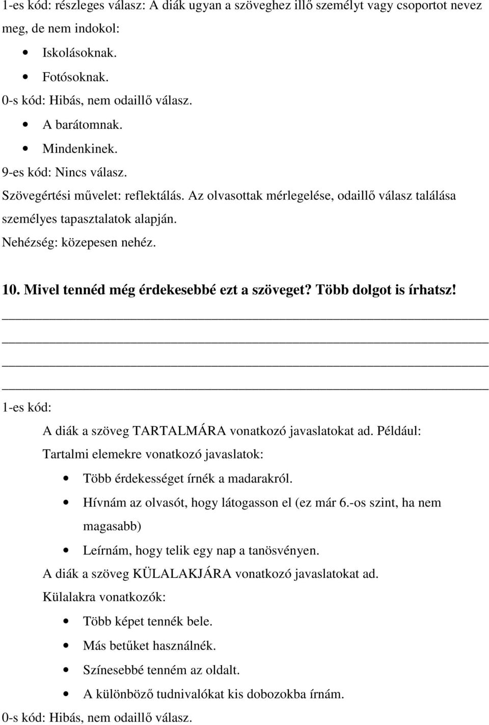 1-es kód: A diák a szöveg TARTALMÁRA vonatkozó javaslatokat ad. Például: Tartalmi elemekre vonatkozó javaslatok: Több érdekességet írnék a madarakról. Hívnám az olvasót, hogy látogasson el (ez már 6.