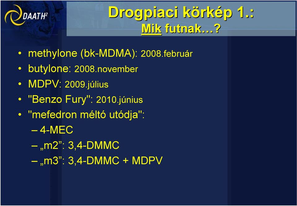 november MDPV: 2009.július "Benzo Fury": 2010.