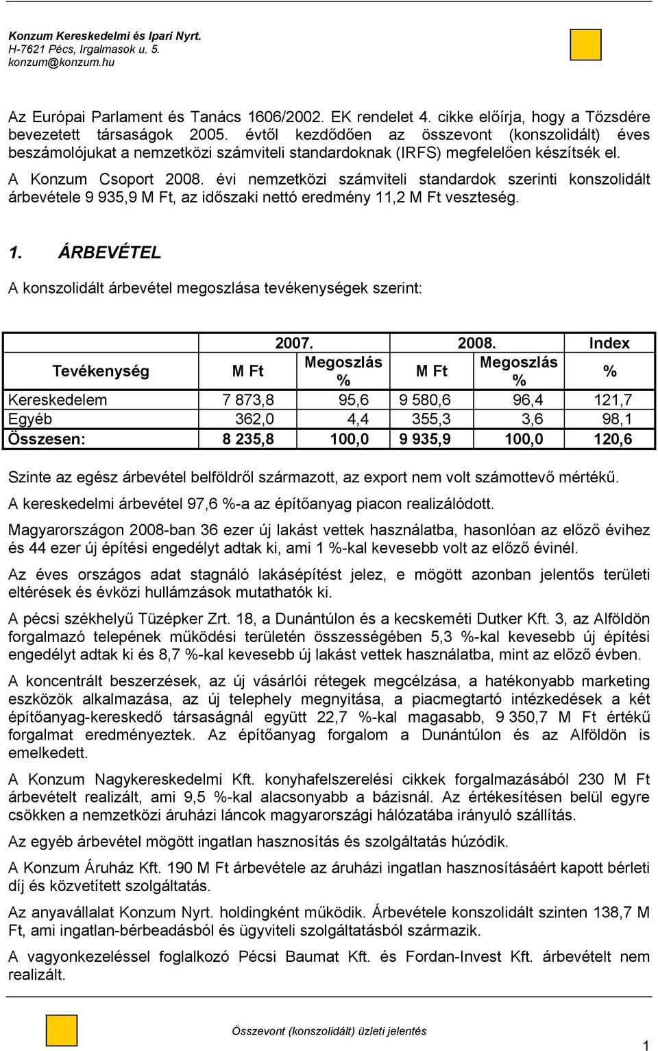 évi nemzetközi számviteli standardok szerinti konszolidált árbevétele 9 935,9 M Ft, az időszaki nettó eredmény 11,2 M Ft veszteség. 1. ÁRBEVÉTEL A konszolidált árbevétel megoszlása tevékenységek szerint: 2007.