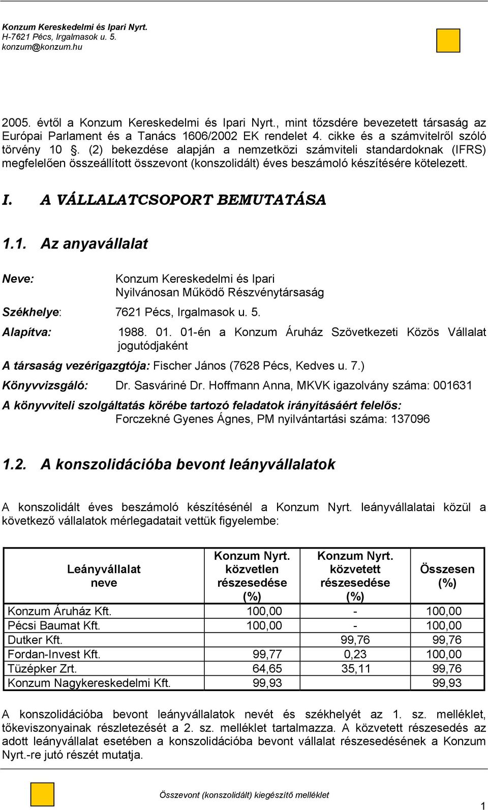 I. A VÁLLALATCSOPORT BEMUTATÁSA 1.1. Az anyavállalat Neve: Konzum Kereskedelmi és Ipari Nyilvánosan Működő Részvénytársaság Székhelye: 7621 Pécs, Irgalmasok u. 5. Alapítva: 1988. 01.