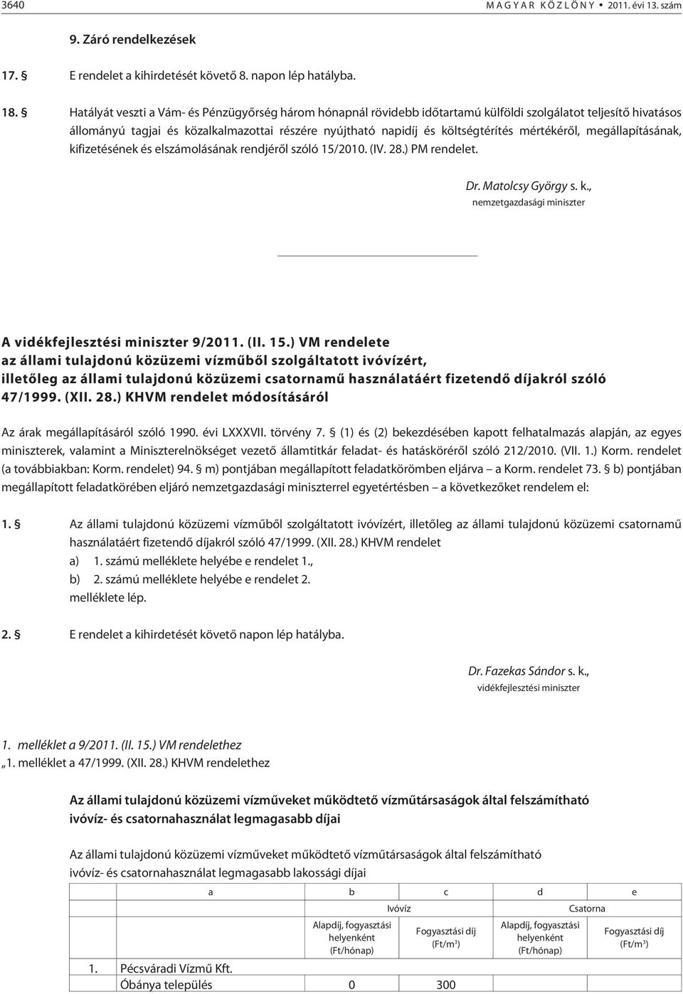 mértékérõl, megállapításának, kifizetésének és elszámolásának rendjérõl szóló 15/2010. (IV. 28.) PM rendelet. Dr. Matolcsy György s. k., nemzetgazdasági miniszter A vidékfejlesztési miniszter 9/2011.