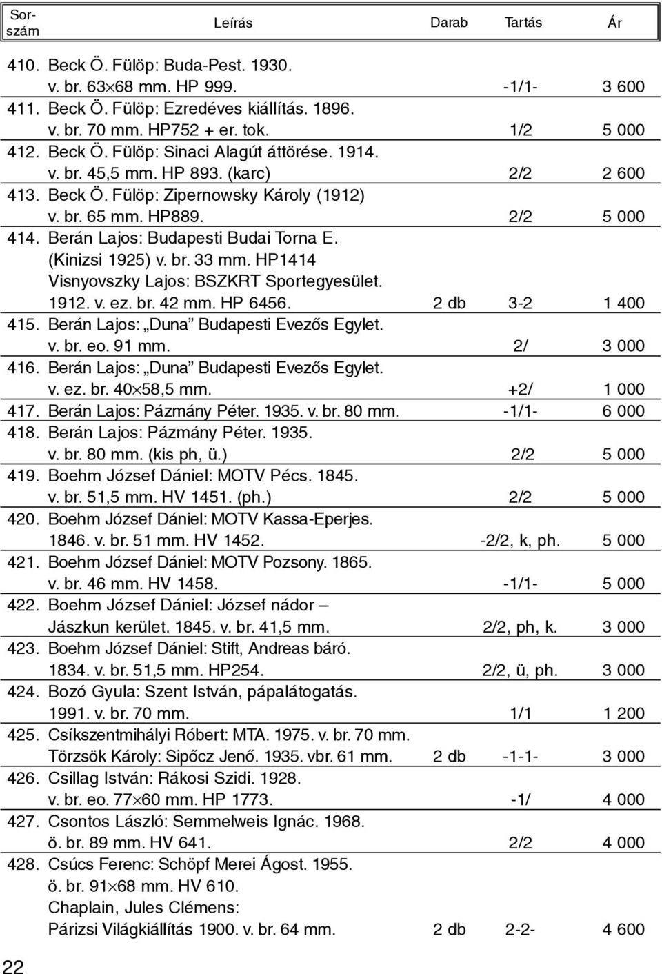 HP1414 Visnyovszky Lajos: BSZKRT Sportegyesület. 1912. v. ez. br. 42 mm. HP 6456. 2 db 3-2 1 400 415. Berán Lajos: Duna Budapesti Evezõs Egylet. v. br. eo. 91 mm. 2/ 3 000 416.