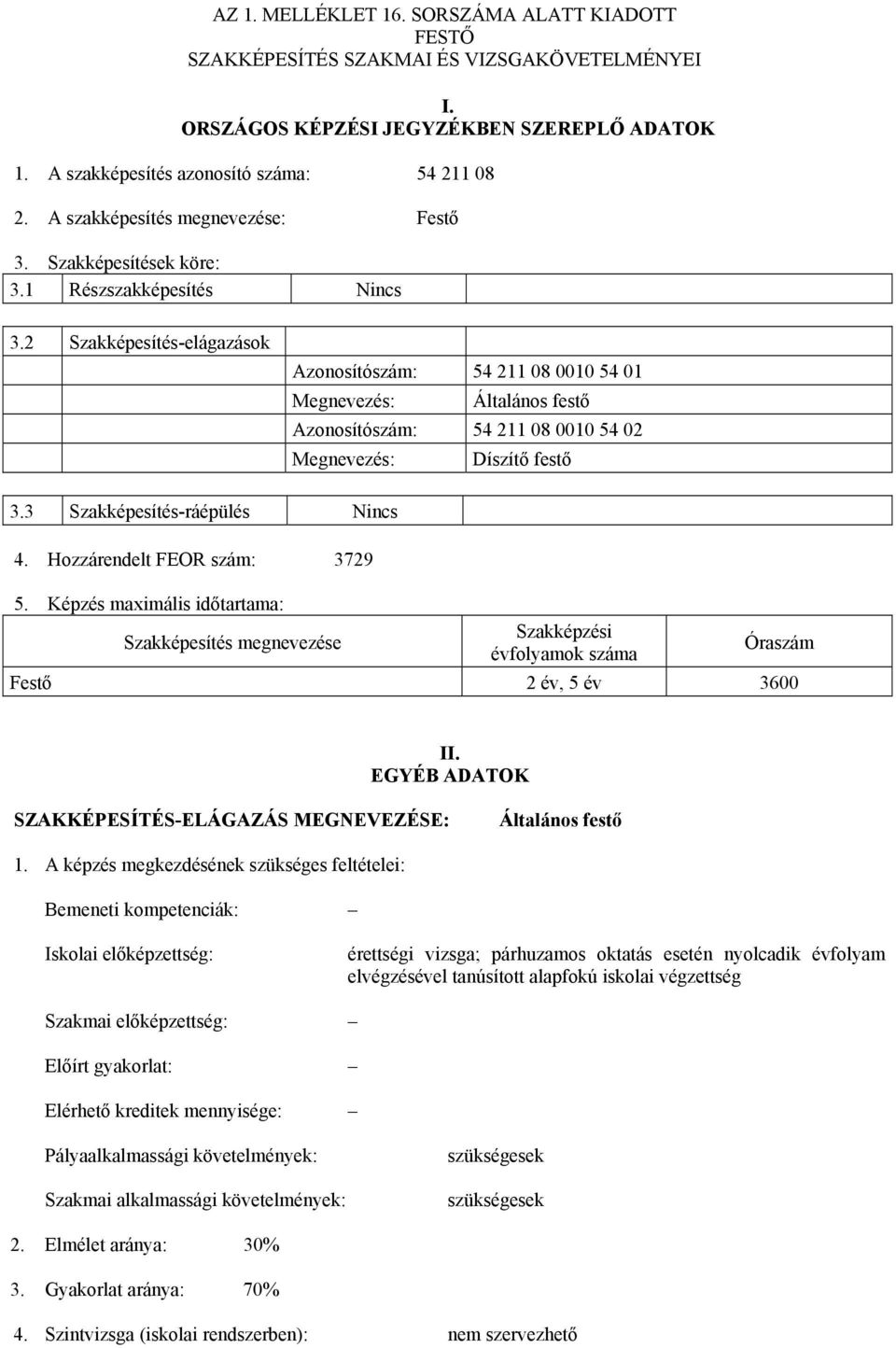 2 Szakképesítés-elágazások Azonosítószám: 54 211 08 0010 54 01 Megnevezés: Általános festő Azonosítószám: 54 211 08 0010 54 02 Megnevezés: Díszítő festő 3.3 Szakképesítés-ráépülés Nincs 4.