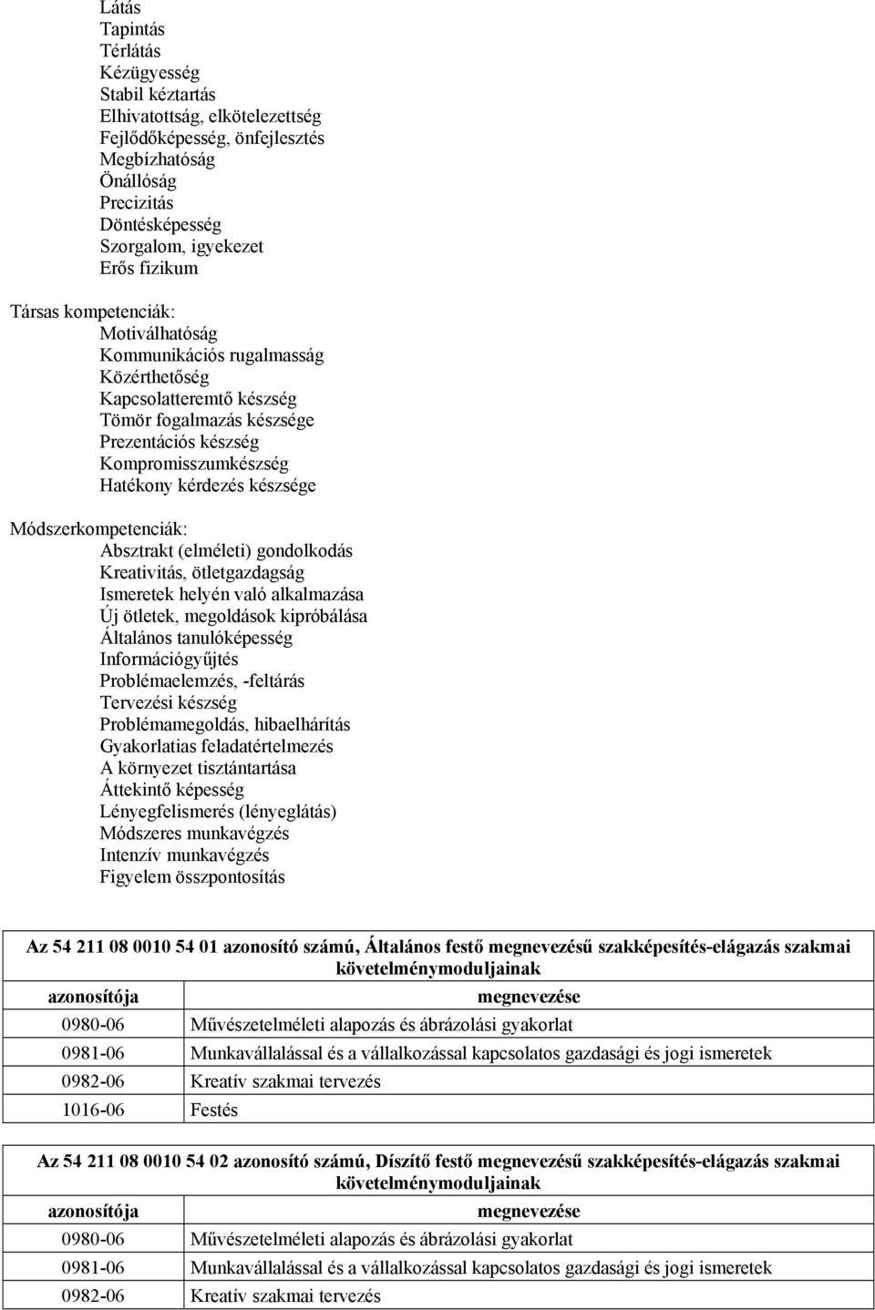 Módszerkompetenciák: Absztrakt (elméleti) gondolkodás Kreativitás, ötletgazdagság Ismeretek helyén való alkalmazása Új ötletek, megoldások kipróbálása Általános tanulóképesség Információgyűjtés