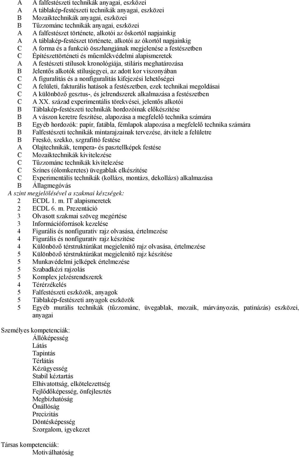 alapismeretek A A festészeti stílusok kronológiája, stiláris meghatározása Jelentős alkotók stílusjegyei, az adott kor viszonyában C A figuralitás és a nonfiguralitás kifejezési lehetőségei C A