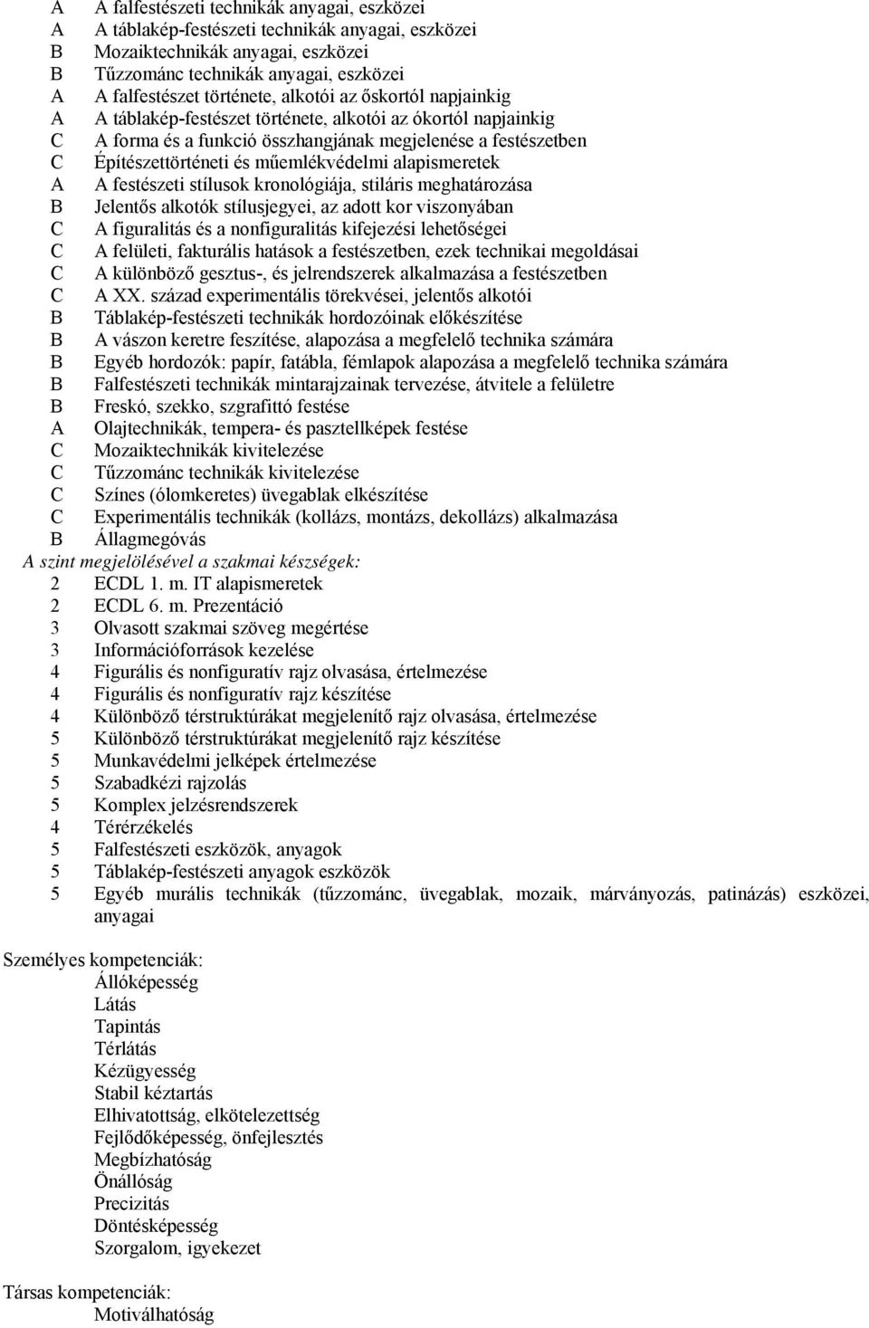 alapismeretek A A festészeti stílusok kronológiája, stiláris meghatározása Jelentős alkotók stílusjegyei, az adott kor viszonyában C A figuralitás és a nonfiguralitás kifejezési lehetőségei C A