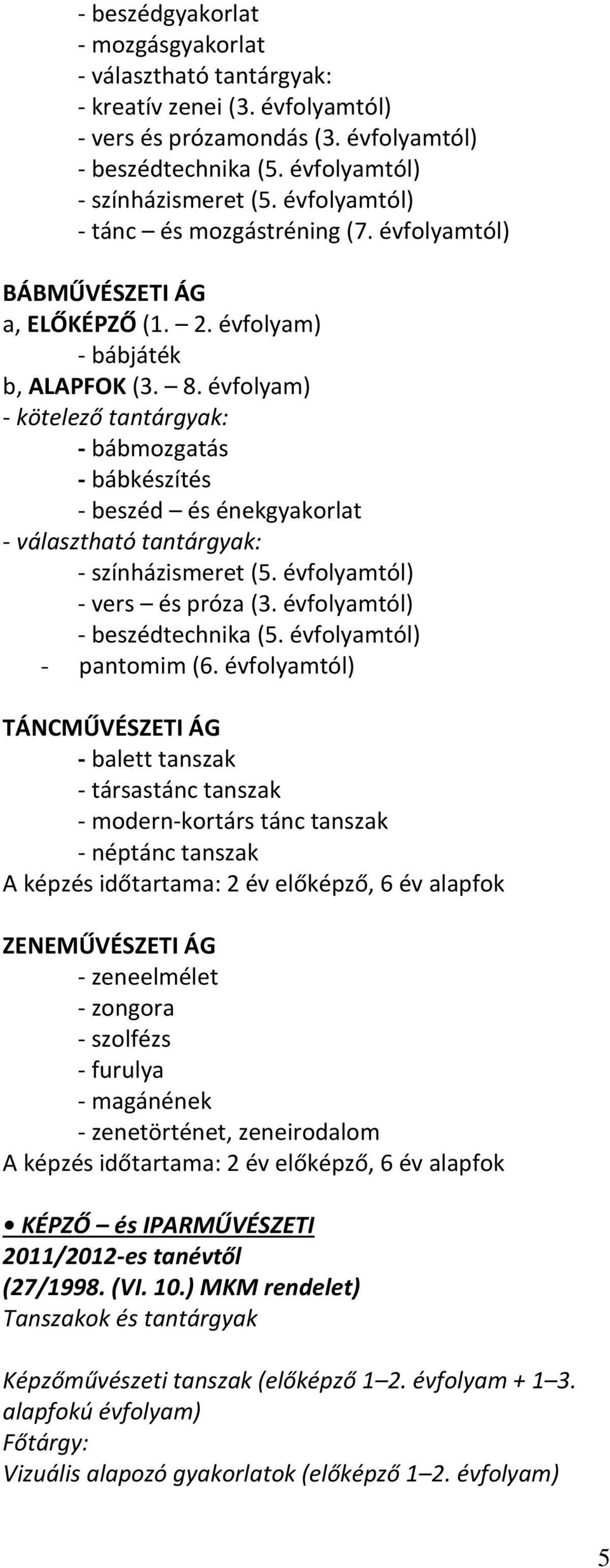 évfolyam) - kötelező tantárgyak: - bábmozgatás - bábkészítés - beszéd és énekgyakorlat - választható tantárgyak: - színházismeret (5. évfolyamtól) - vers és próza (3. évfolyamtól) - beszédtechnika (5.