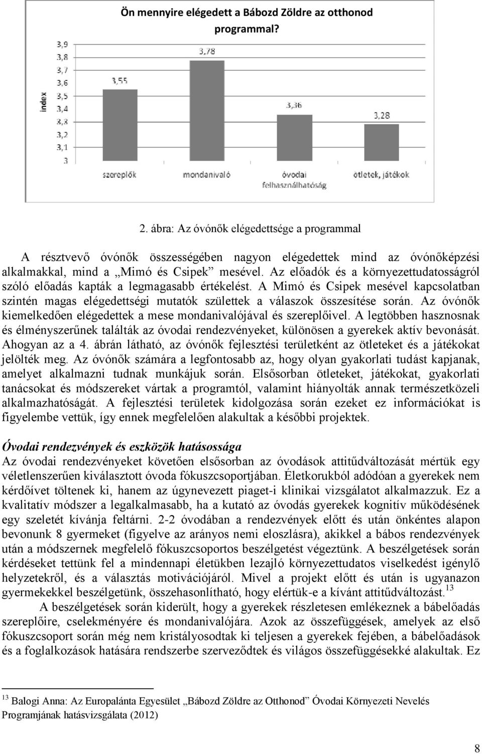 Az előadók és a környezettudatosságról szóló előadás kapták a legmagasabb értékelést. A Mimó és Csipek mesével kapcsolatban szintén magas elégedettségi mutatók születtek a válaszok összesítése során.