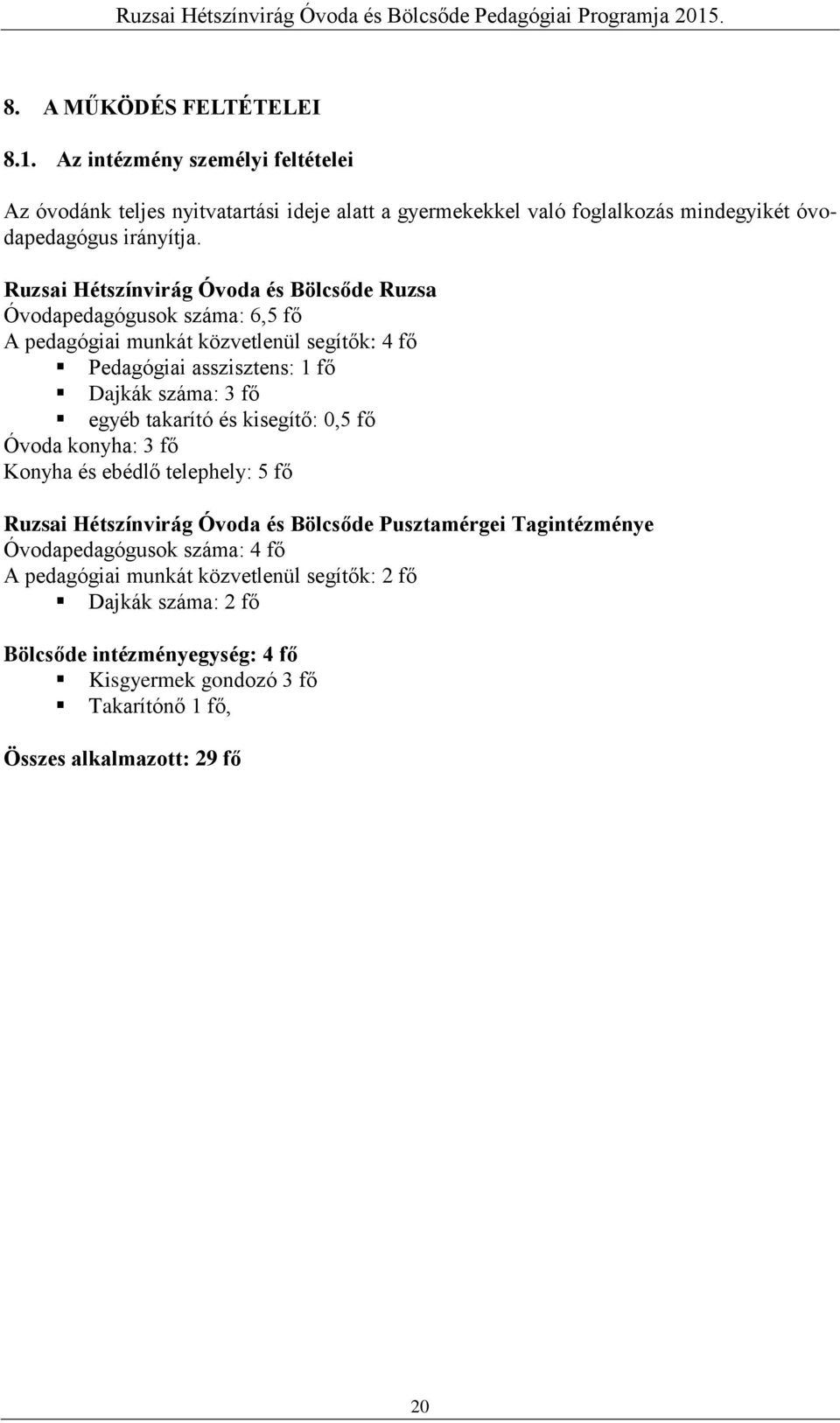 Ruzsai Hétszínvirág Óvoda és Bölcsőde Ruzsa Óvodapedagógusok száma: 6,5 fő A pedagógiai munkát közvetlenül segítők: 4 fő Pedagógiai asszisztens: 1 fő Dajkák száma: 3 fő