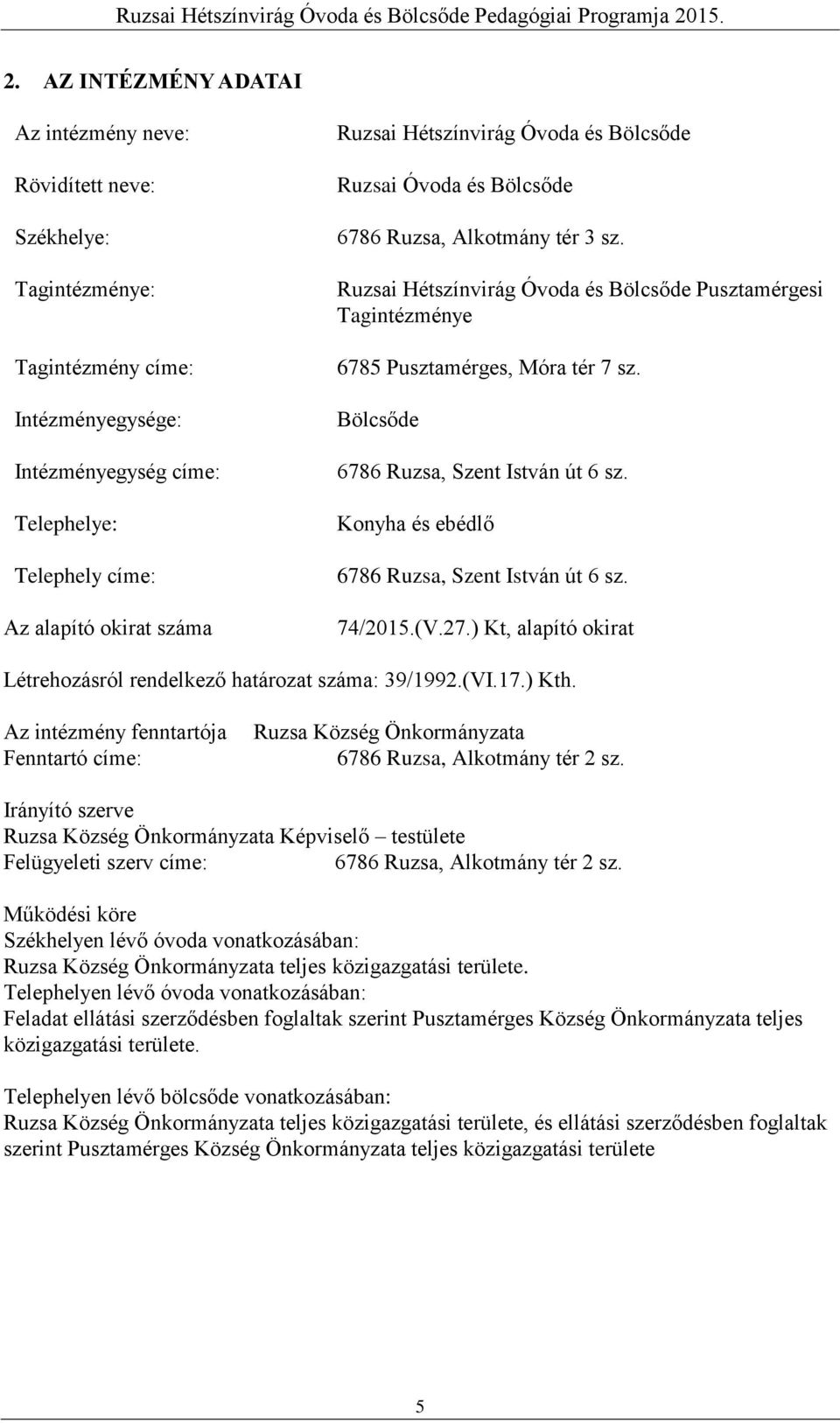 Bölcsőde 6786 Ruzsa, Szent István út 6 sz. Konyha és ebédlő 6786 Ruzsa, Szent István út 6 sz. 74/2015.(V.27.) Kt, alapító okirat Létrehozásról rendelkező határozat száma: 39/1992.(VI.17.) Kth.