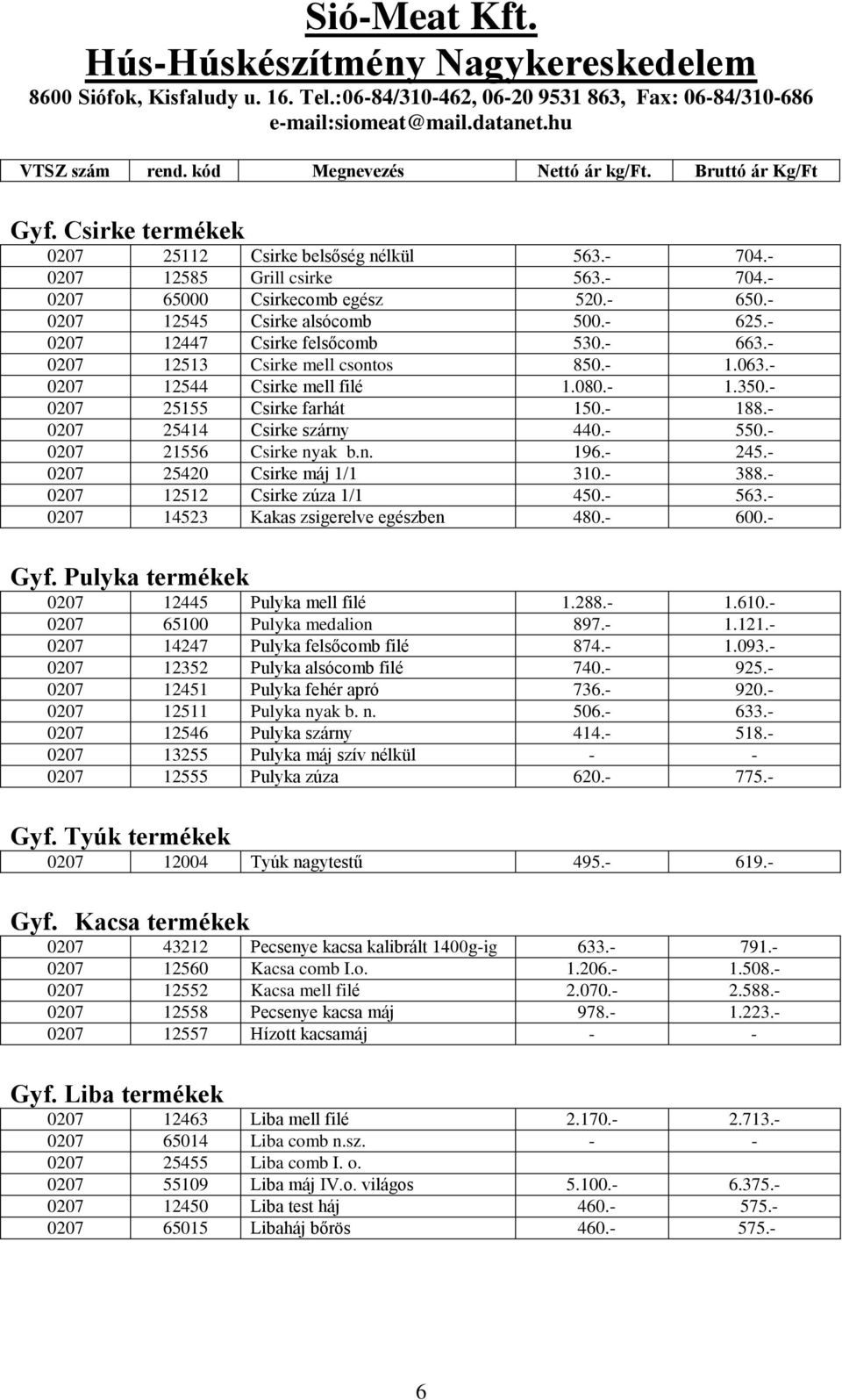 - 550.- 0207 21556 Csirke nyak b.n. 196.- 245.- 0207 25420 Csirke máj 1/1 310.- 388.- 0207 12512 Csirke zúza 1/1 450.- 563.- 0207 14523 Kakas zsigerelve egészben 480.- 600.- Gyf.