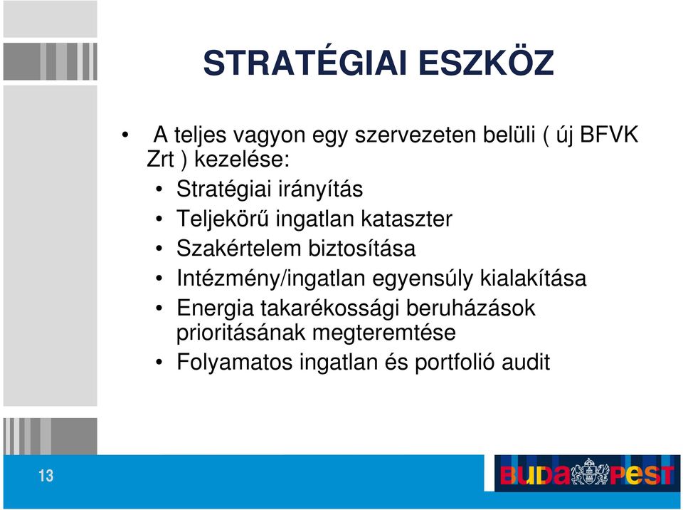 biztosítása Intézmény/ingatlan egyensúly kialakítása Energia takarékossági