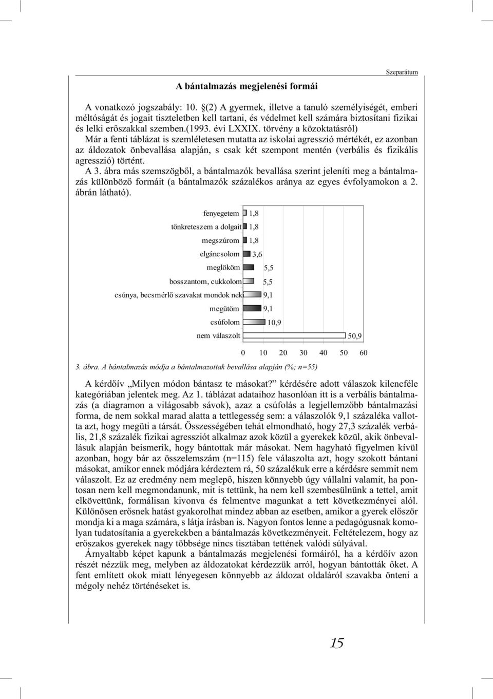 törvény a közoktatásról) Már a fenti táblázat is szemléletesen mutatta az iskolai agresszió mértékét, ez azonban az áldozatok önbevallása alapján, s csak két szempont mentén (verbális és fizikális